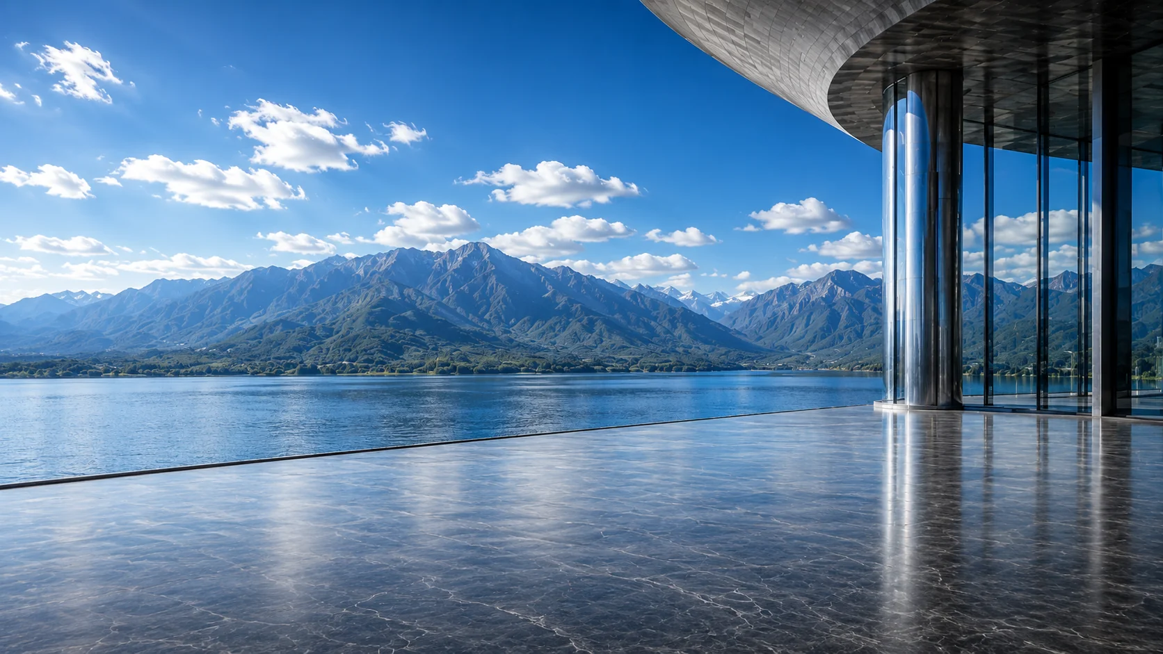Luxury modern lakeside pavilion overlooking mountains